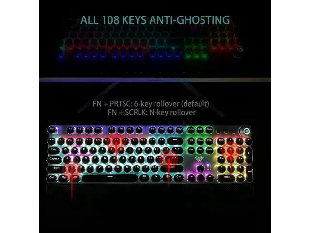 Alt view image 6 of 7 - Vszerda F2088 Typewriter Style Mechanical Gaming Keyboard Wired,Blue Switches,Rainbow LED Backlit,Removable Wrist Rest,Media Control Knob,Retro Punk Round Keycaps,USB Wired Computer Keyboard
