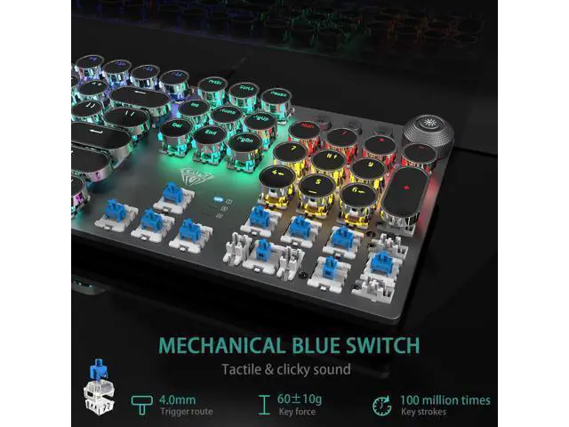 Alt view image 5 of 7 - Vszerda F2088 Typewriter Style Mechanical Gaming Keyboard Wired,Blue Switches,Rainbow LED Backlit,Removable Wrist Rest,Media Control Knob,Retro Punk Round Keycaps,USB Wired Computer Keyboard