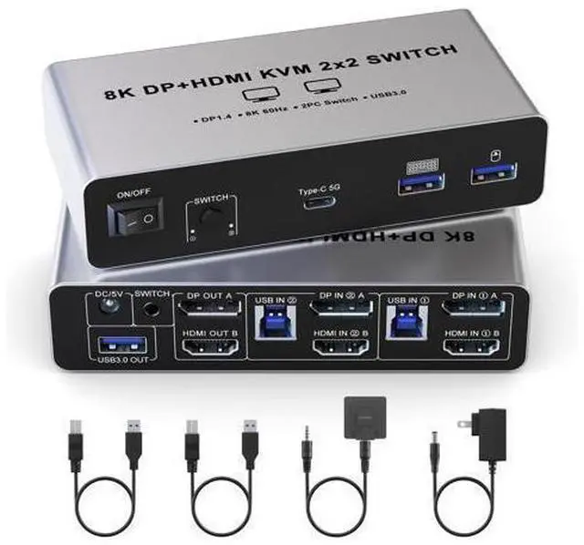 Main image of Vszerda Displayport HDMI KVM Switch 8K@60Hz 2 Monitors 2 Computers, Aluminum with 4 USB 3.0 Ports for 2 Computers Share Dual Monitors Keyboard Mouse Printer with 2 USB Cables/Power Adapter/Controller