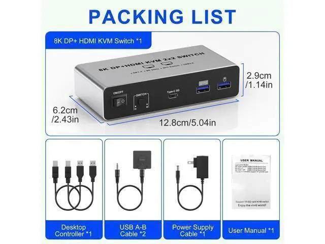 Alt view image 7 of 7 - Vszerda Displayport HDMI KVM Switch 8K@60Hz 2 Monitors 2 Computers, Aluminum with 4 USB 3.0 Ports for 2 Computers Share Dual Monitors Keyboard Mouse Printer with 2 USB Cables/Power Adapter/Controller
