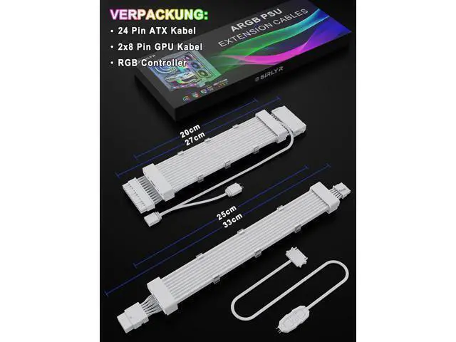 Alt view image 7 of 7 - Vszerda RGB PSU Cable Extension with ARGB LED Stripes and PVC Sleeved Extend Cable - 16AWG 24 Pin ATX Dual 8 Pin PCIE Set