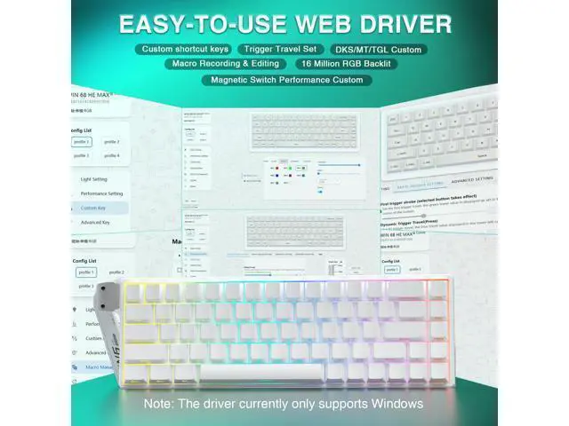Alt view image 5 of 7 - Vszerda WIN68 HE Mechanical Gaming Keyboard 60%, Hall Effect Magnetic Switch, Fast Trigger Mode Adjustable Actuation, 8000Hz Polling Rate, RGB Backlit, Wired White Keyboard for Laptop/PC Gamer