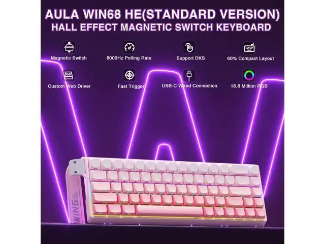 Alt view image 2 of 7 - Vszerda WIN68 HE Mechanical Gaming Keyboard 60%, Hall Effect Magnetic Switch, Fast Trigger Mode Adjustable Actuation, 8000Hz Polling Rate, RGB Backlit, Wired Pink Keyboard for Laptop/PC Gamer