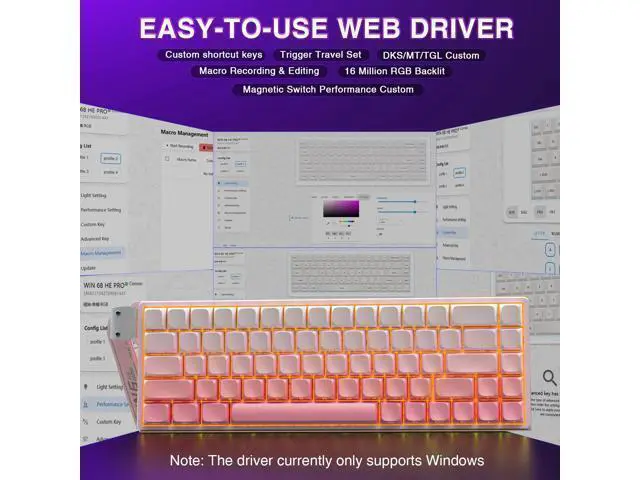 Alt view image 5 of 7 - Vszerda WIN68 HE Mechanical Gaming Keyboard 60%, Hall Effect Magnetic Switch, Fast Trigger Mode Adjustable Actuation, 8000Hz Polling Rate, RGB Backlit, Wired Pink Keyboard for Laptop/PC Gamer