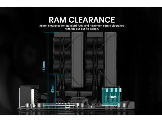 Alt view image 3 of 7 - ID-COOLING FROZN A620 Black - 6.1" Height Black Dual-Tower Air CPU Cooler, 6×6mm Heatpipes, Dual 120x120x25mm FDB Fans, TDP 270W, Intel LGA1700/1851/1200/115X; AMD AM4/AM5 (153mm in Height)