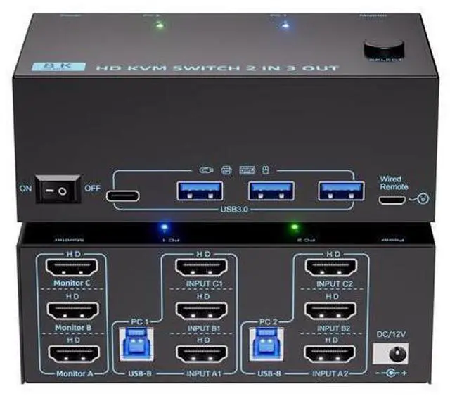 Main image of KVM Switch 3 Monitors 2 Computers 8K@60Hz/4K@120Hz, HDMI KVM Switches for 2 PC Sharing Triple Monitor and Keyboard Mouse with Power Adapter, Wired Extend Controller and USB3.0 Cables