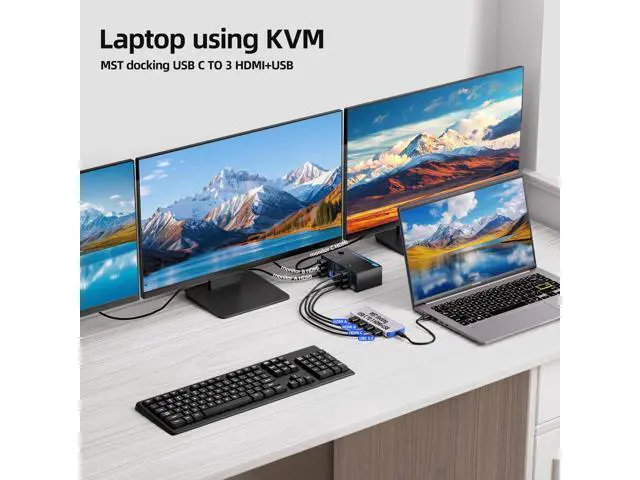Alt view image 4 of 7 - KVM Switch 3 Monitors 2 Computers 8K@60Hz/4K@120Hz, HDMI KVM Switches for 2 PC Sharing Triple Monitor and Keyboard Mouse with Power Adapter, Wired Extend Controller and USB3.0 Cables