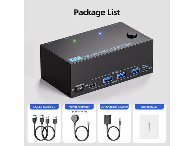 Alt view image 7 of 7 - KVM Switch 3 Monitors 2 Computers 8K@60Hz/4K@120Hz, HDMI KVM Switches for 2 PC Sharing Triple Monitor and Keyboard Mouse with Power Adapter, Wired Extend Controller and USB3.0 Cables