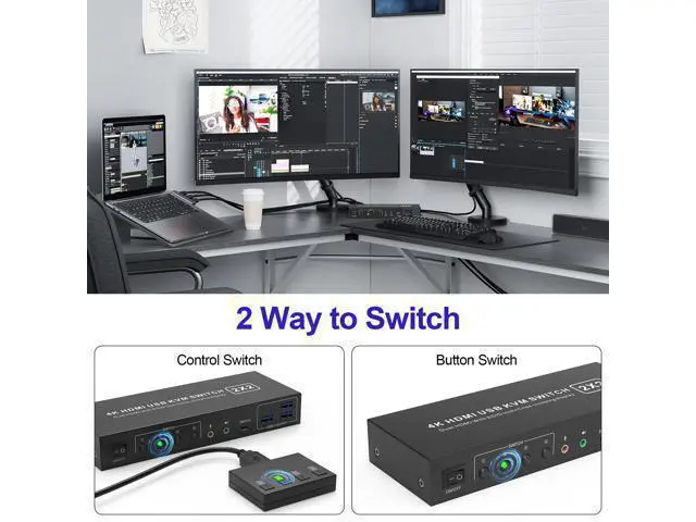 Alt view image 6 of 7 - Vszerda USB 3.0 HDMI KVM Switch 2 Montiors 2 Computers, 4K@60Hz KVM Switch Dual Monitor with 3 USB 3.0 Ports and Audio, 2 Port KVM Switch with Dual Monitor Cross Display for 2 Computers