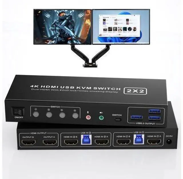 Main image of Vszerda HDMI KVM Switch 2 Montiors 2 Computers USB 3.0, 4K@60Hz KVM Switch Dual Monitor with 3 USB 3.0 Ports and Audio, 2 Port KVM Switch with Dual Monitor Cross Display for 2 Computers