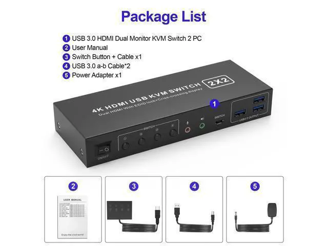 Alt view image 7 of 7 - Vszerda USB 3.0 HDMI KVM Switch 2 Montiors 2 Computers, 4K@60Hz KVM Switch Dual Monitor with 3 USB 3.0 Ports and Audio, 2 Port KVM Switch with Dual Monitor Cross Display for 2 Computers