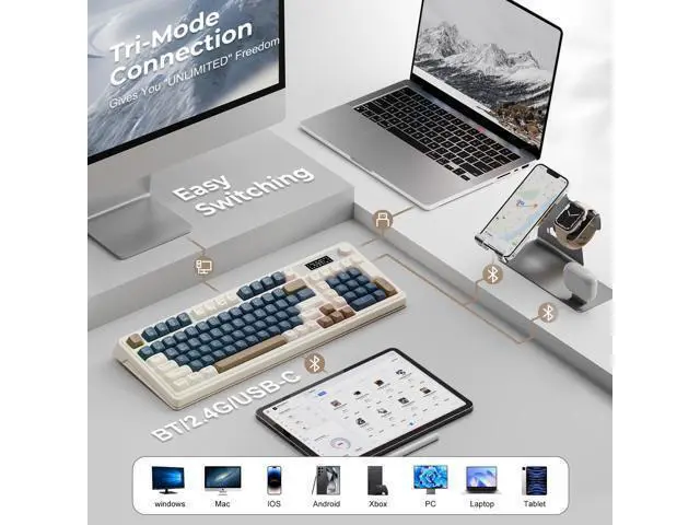 Alt view image 4 of 7 - Vszerda S99 Pro Wireless Keyboard, Gaming Keyboards Media Knob Custom RGB Backlit, 3-Modes BT/2.4G/USB-C Membrane Cute Creamy Keyboard for Windows/MAC/PC Gamer - Blue White