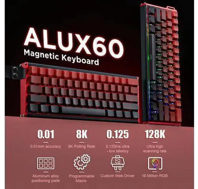 Alt view image 2 of 7 - Vszerda Alux60-60% Mechanical Gaming Keyboard Wired, Magnetic Switch Hot Swappable, Rapid Trigger Hall Effect Magnetic Switches, 8K Hz Polling Rate, RGB Small Keyboard for Mac/Win (Red)