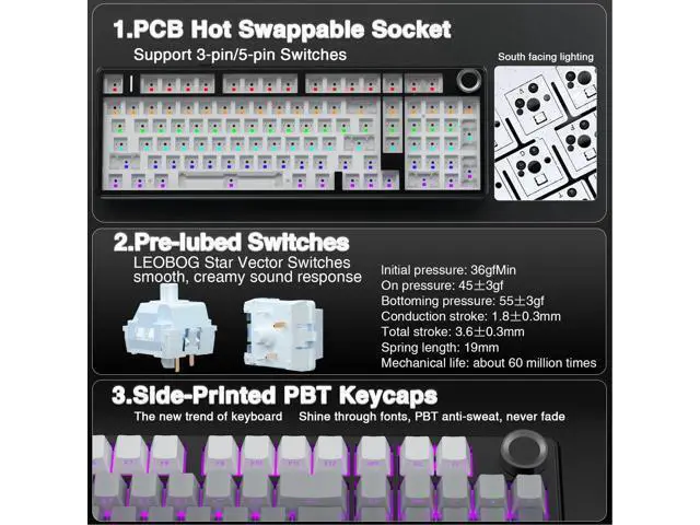 Alt view image 7 of 7 - Vszerda F99 Pro Wireless Mechanical Keyboard with Knob,Gasket Structure,Tri-Mode BT5.0/USB-C/2.4GHz Hot Swappable Keyboard,Creamy Sound,RGB Backlit PBT Keycaps Computer Gaming Keyboards