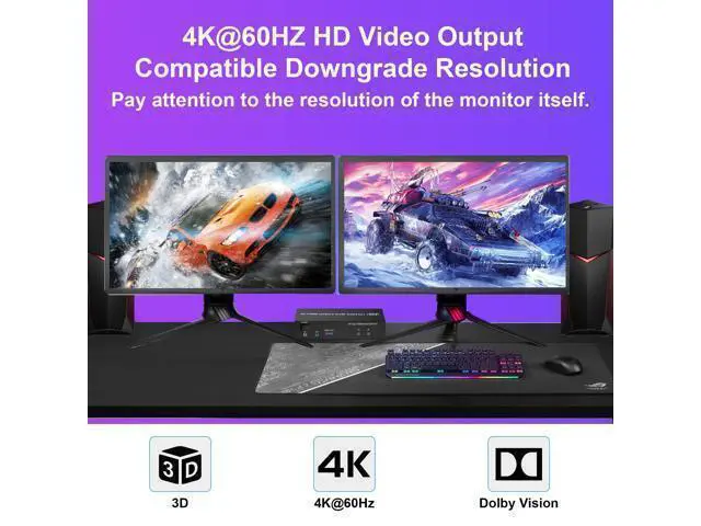 Alt view image 4 of 7 - Vszerda USB 3.0 Dual Monitor KVM Switch HDMI 2 Port, 4K@60Hz Extended Display KVM Switch 2 Monitors 2 Computers with Audio Microphone Output and 3 USB 3.0 Ports, PC Monitor Keyboard Mouse Switcher