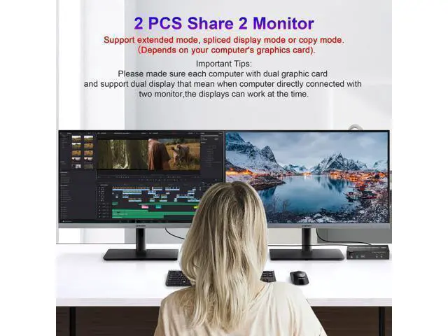 Alt view image 5 of 7 - Vszerda USB 3.0 Dual Monitor KVM Switch HDMI 2 Port, 4K@60Hz Extended Display KVM Switch 2 Monitors 2 Computers with Audio Microphone Output and 3 USB 3.0 Ports, PC Monitor Keyboard Mouse Switcher