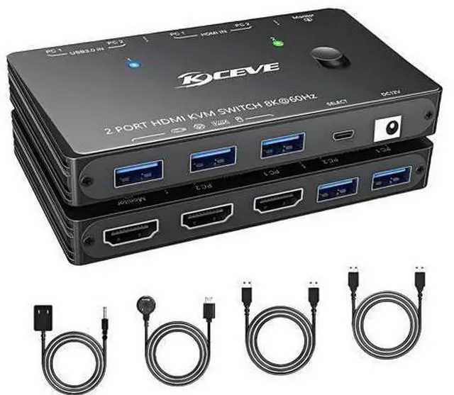 Main image of 8K KVM Switch 1 Monitor 2 Computers 8K@60Hz 4K@120Hz, HDMI KVM Switch with 3 USB 3.0 Ports for 2 Computers Share 1 Monitor Keyboard Mouse Printer, with 2 USB Cables and Controller