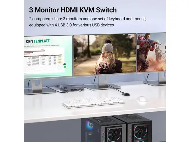 Alt view image 2 of 7 - Vszerda 4K@60Hz Three Monitor HDMI KVM Switch, 2 Port HDMI KVM Switch 3 Minitors 2 Computers for Managing 2 PC Using 1 Set of Keyboard Mouse, 2 PC Share 4 USB 3.0 Ports
