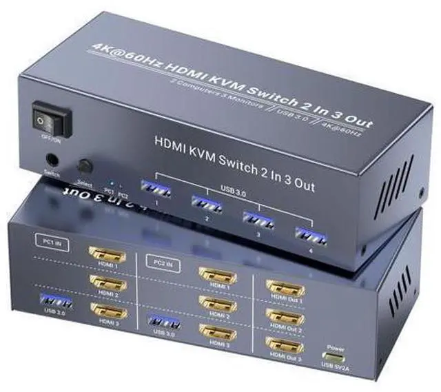 Main image of Vszerda 4K@60Hz Three Monitor HDMI KVM Switch, 2 Port HDMI KVM Switch 3 Minitors 2 Computers for Managing 2 PC Using 1 Set of Keyboard Mouse, 2 PC Share 4 USB 3.0 Ports