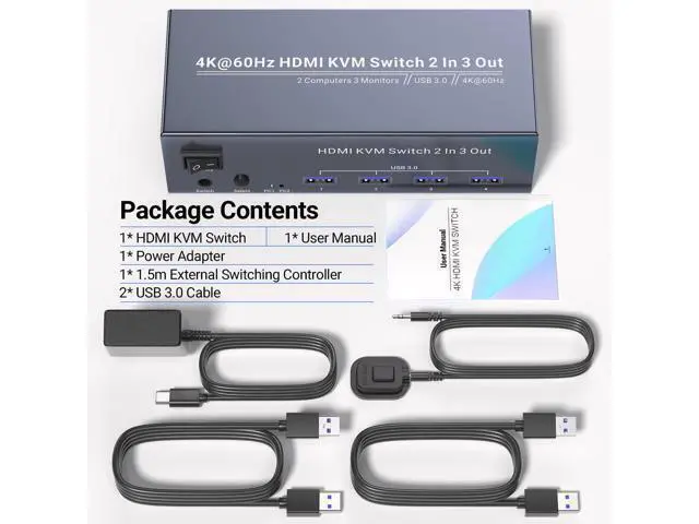 Alt view image 7 of 7 - Vszerda 4K@60Hz Three Monitor HDMI KVM Switch, 2 Port HDMI KVM Switch 3 Minitors 2 Computers for Managing 2 PC Using 1 Set of Keyboard Mouse, 2 PC Share 4 USB 3.0 Ports
