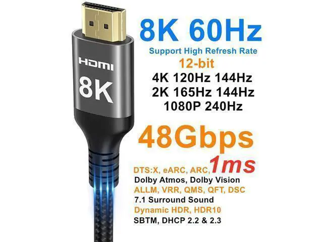 Alt view image 2 of 7 - Vszerda 8K HDMI Cable 48Gbps 65 FT, Nylon Braided High Speed HDMI® Cable 4k 120Hz 2k 165Hz 8k 60Hz 12bit eARC ARC Dolby Atmos HDR10+ HDCP2.3 Compatible for Gaming PC TV Soundbar Monitor Mac PS5 Xbox