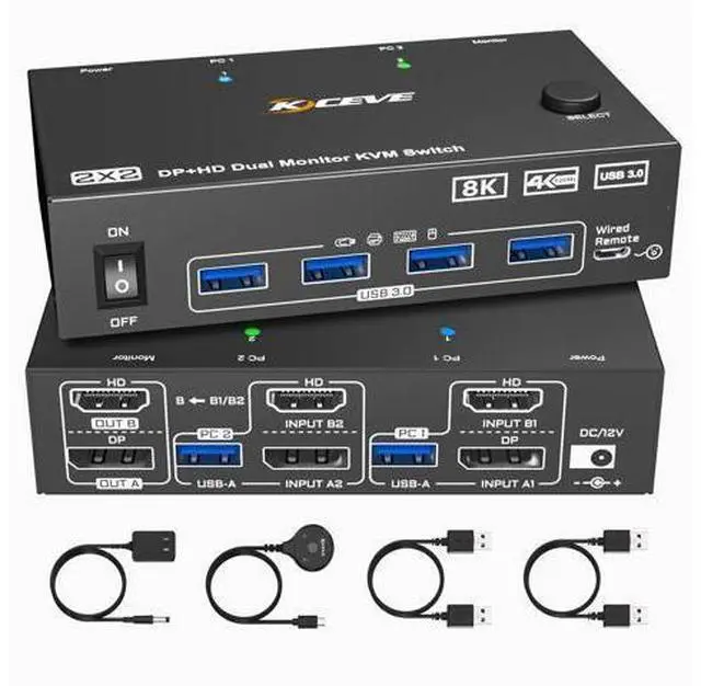 Main image of KVM Switch 2 Monitors 2 Computers 4K@144Hz 8K@60Hz, HDMI Displayport Dual Monitor KVM Switch for 2 PC Share 2 Monitors Keyboard Mouse Printer, Wired Remote,Power Adapter and USB Cable Included