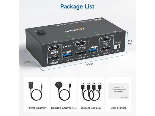 Alt view image 7 of 7 - KVM Switch 2 Monitors 2 Computers 4K@144Hz 8K@60Hz, HDMI Displayport Dual Monitor KVM Switch for 2 PC Share 2 Monitors Keyboard Mouse Printer, Wired Remote,Power Adapter and USB Cable Included