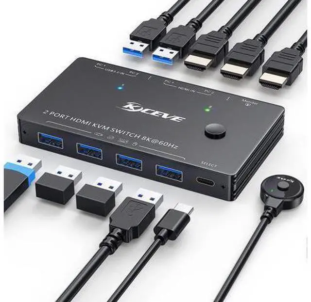 Main image of USB 3.0 KVM Switch 1 Monitors 2 Computers, HDMI KVM Switch for 2 Computers Share 1 Monitor and 4 USB 3.0 Port, Support Keyboard Mouse Printer UHD 8K@60Hz 4K@120Hz, with Desktop Controller
