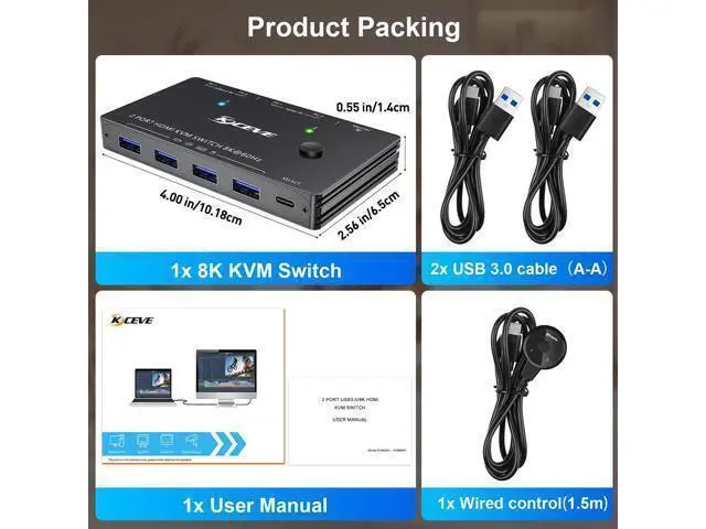 Alt view image 7 of 7 - USB 3.0 KVM Switch 1 Monitors 2 Computers, HDMI KVM Switch for 2 Computers Share 1 Monitor and 4 USB 3.0 Port, Support Keyboard Mouse Printer UHD 8K@60Hz 4K@120Hz, with Desktop Controller