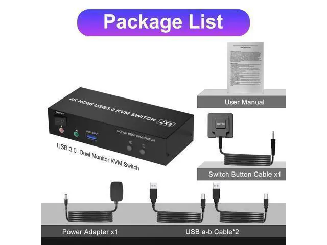 Alt view image 7 of 7 - Vszerda USB 3.0 Dual Monitor KVM Switch HDMI 2 Port, 4K@60Hz Extended Display KVM Switch 2 Monitors 2 Computers with Audio Microphone Output and 3 USB 3.0 Ports, PC Monitor Keyboard Mouse Switcher