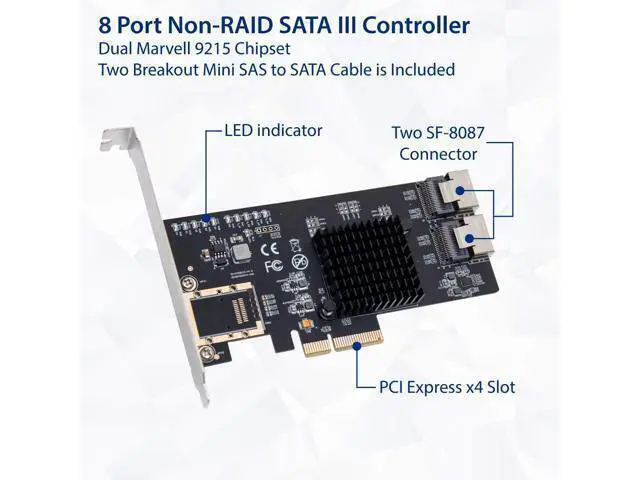 Alt view image 2 of 6 - Vszerda 8 Port SATA III Non-RAID PCI-e x4 Expansion Card Supports FreeNAS and ZFS RAID - Includes Mini SAS to SATA Breack Out Cables (SI-PEX40137)