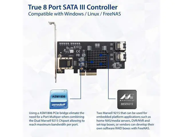 Alt view image 3 of 6 - Vszerda 8 Port SATA III Non-RAID PCI-e x4 Expansion Card Supports FreeNAS and ZFS RAID - Includes Mini SAS to SATA Breack Out Cables (SI-PEX40137)