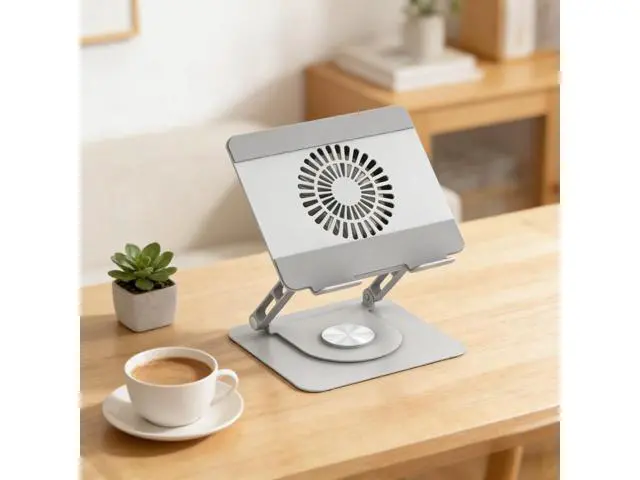 Alt view image 2 of 5 - Carbon steel strip fan notebook stand, rotatable and adjustable for height, with cooling function, foldable and portable, for enhancing the height of the office desk.