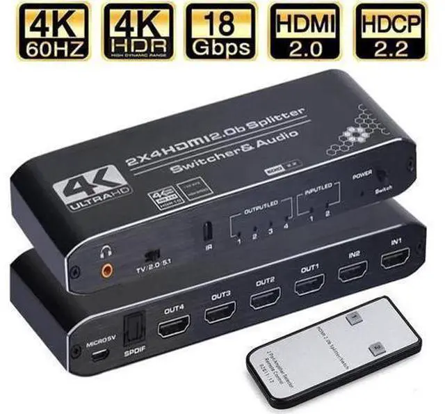 Main image of JAENFONG HDMI Switch Splitter 2x4 with Audio Extractor, 4K@60Hz Ultra HD HDMI Switcher with Optical TOSLINK SPDIF, 3.5mm Audio Support HDCP 2.2, HDMI2.0b, 4K@60HZ, RGB4:4:4, 4K HDR , Remote Control