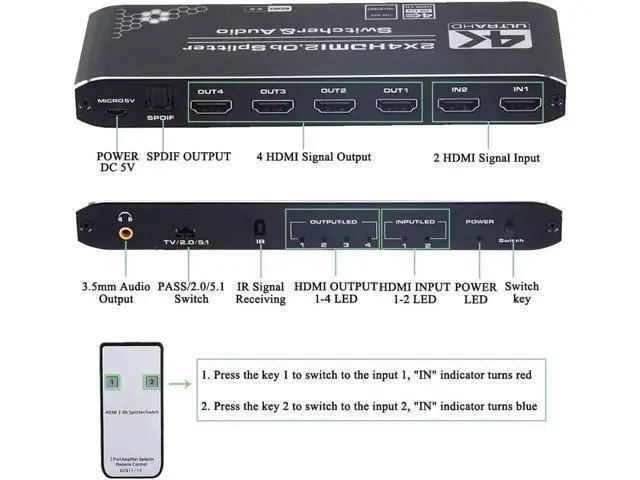 Alt view image 4 of 7 - JAENFONG HDMI Switch Splitter 2x4 with Audio Extractor, 4K@60Hz Ultra HD HDMI Switcher with Optical TOSLINK SPDIF, 3.5mm Audio Support HDCP 2.2, HDMI2.0b, 4K@60HZ, RGB4:4:4, 4K HDR , Remote Control