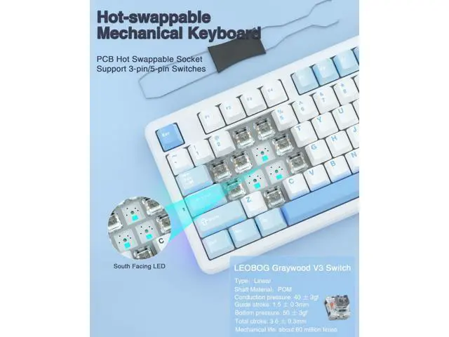 Alt view image 5 of 7 - Vszerda F87 Wireless Mechanical Keyboard, 75% TKL Custom Hot Swappable Gaming Keyboards with PBT Keycaps, Pre-lubed Greywood Switches, RGB Backlit Creamy Keyboard, 2.4GHz/USB-C/BT5.0