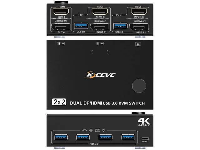 Alt view image 3 of 7 - DP HDMI USB 3.0 KVM Switch 2 Computer 2 Monitors, Dual Monitors Displayport KVM Switcher Supports 4K@60Hz for 2 Computers Share Keyboard, Mouse and Monitor
