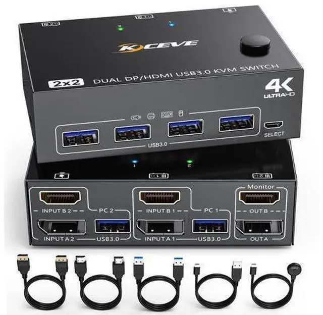 Main image of DP HDMI USB 3.0 KVM Switch 2 Computer 2 Monitors, Dual Monitors Displayport KVM Switcher Supports 4K@60Hz for 2 Computers Share Keyboard, Mouse and Monitor