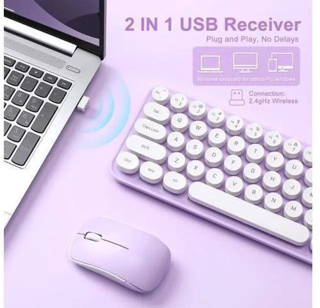Alt view image 3 of 7 - Vszerda i68 Wireless Typewriter Keyboard and Mouse Combo,Purple Keyboard with 2.4GHz Connection, Cute Retro Aesthetic Design Round Keycaps for Tablet, Phone, PC and Win/Mac/Android(Purple)