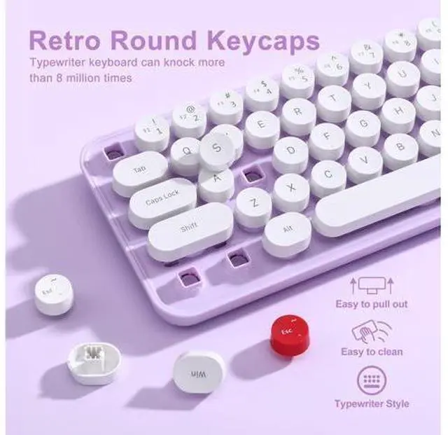 Alt view image 4 of 7 - Vszerda i68 Wireless Typewriter Keyboard and Mouse Combo,Purple Keyboard with 2.4GHz Connection, Cute Retro Aesthetic Design Round Keycaps for Tablet, Phone, PC and Win/Mac/Android(Purple)