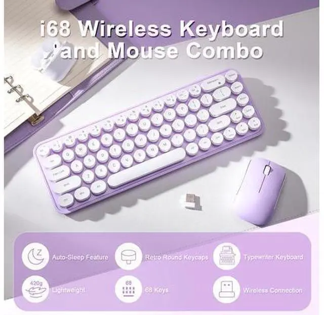 Alt view image 2 of 7 - Vszerda i68 Wireless Typewriter Keyboard and Mouse Combo,Purple Keyboard with 2.4GHz Connection, Cute Retro Aesthetic Design Round Keycaps for Tablet, Phone, PC and Win/Mac/Android(Purple)