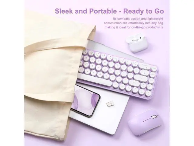 Alt view image 7 of 7 - Vszerda i68 Wireless Typewriter Keyboard and Mouse Combo,Purple Keyboard with 2.4GHz Connection, Cute Retro Aesthetic Design Round Keycaps for Tablet, Phone, PC and Win/Mac/Android(Purple)