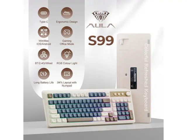 Alt view image 2 of 6 - Vszerda 99 Keys Gaming Keyboard, Tri-Mode Bluetooth/2.4GHz/USB-C Retro Creamy Color Keyboard with Number Pad RGB, Media Knob Custom Programmable Membrane Computer Keyboards for PC Gamer - Blue-Grey