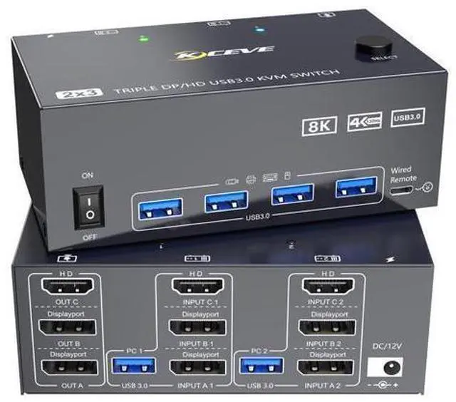 Main image of 8K KVM Switch 3 Monitors 2 Computers 8K@60Hz 4K@144Hz,3 Monitors KVM Switch for 2 Computers Sharing Triple Monitors,Keyboard,Mouse,Printer with 2*USB3.0 Cables,Power Adapter and Controller