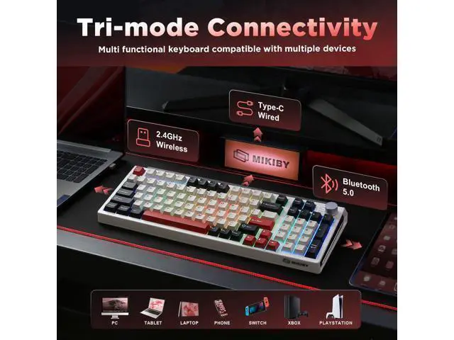 Alt view image 3 of 7 - Vszerda K98 Wireless Mechanical Keyboard,Tri-Mode BT5.0/2.4GHz/USB-C Hot Swappable Custom Keyboard,Gasket Structure,RGB Backlit Gaming Keyboard for Win & Mac(White&Red,Cocoa-V2 Switch)