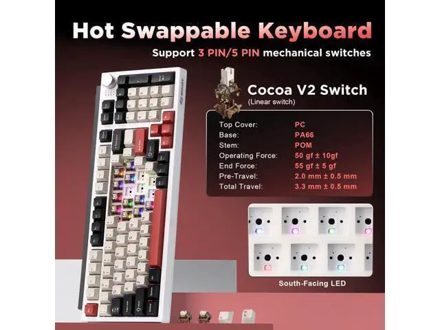 Alt view image 5 of 7 - Vszerda K98 Wireless Mechanical Keyboard,Tri-Mode BT5.0/2.4GHz/USB-C Hot Swappable Custom Keyboard,Gasket Structure,RGB Backlit Gaming Keyboard for Win & Mac(White&Red,Cocoa-V2 Switch)