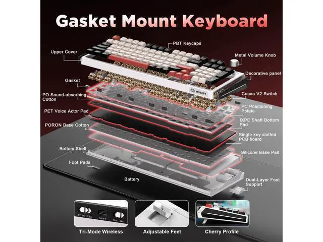 Alt view image 4 of 7 - Vszerda K98 Wireless Mechanical Keyboard,Tri-Mode BT5.0/2.4GHz/USB-C Hot Swappable Custom Keyboard,Gasket Structure,RGB Backlit Gaming Keyboard for Win & Mac(White&Red,Cocoa-V2 Switch)