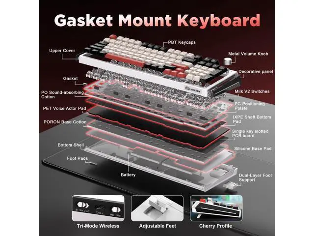 Alt view image 4 of 7 - Vszerda K98 Wireless Mechanical Keyboard,Tri-Mode BT5.0/2.4GHz/USB-C Hot Swappable Custom Keyboard,Gasket Structure,RGB Backlit Gaming Keyboard for Win & Mac(White&Red,Milk-V2 Switch)