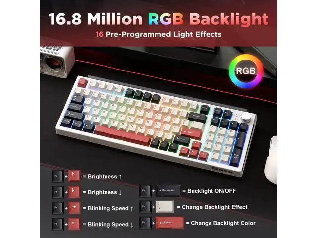 Alt view image 6 of 7 - Vszerda K98 Wireless Mechanical Keyboard,Tri-Mode BT5.0/2.4GHz/USB-C Hot Swappable Custom Keyboard,Gasket Structure,RGB Backlit Gaming Keyboard for Win & Mac(White&Red,Cocoa-V2 Switch)