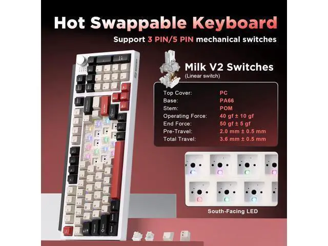Alt view image 5 of 7 - Vszerda K98 Wireless Mechanical Keyboard,Tri-Mode BT5.0/2.4GHz/USB-C Hot Swappable Custom Keyboard,Gasket Structure,RGB Backlit Gaming Keyboard for Win & Mac(White&Red,Milk-V2 Switch)